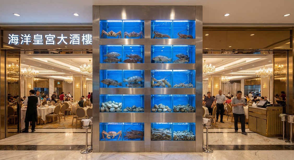 旺角大型酒樓八層旗艦海鮮缸 — 石材外框四溫區龍蝦蟹蝦活魚展示