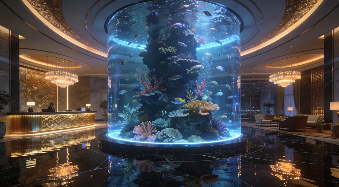 酒店魚缸工程案例 - 酒店大堂弧形魚缸